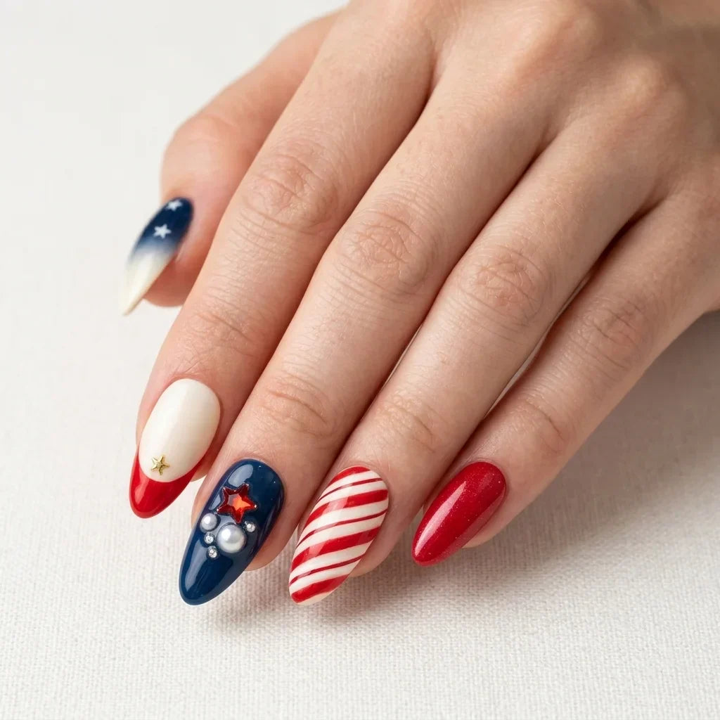 red white blue 3d almond pearl cluster red star press-on nails