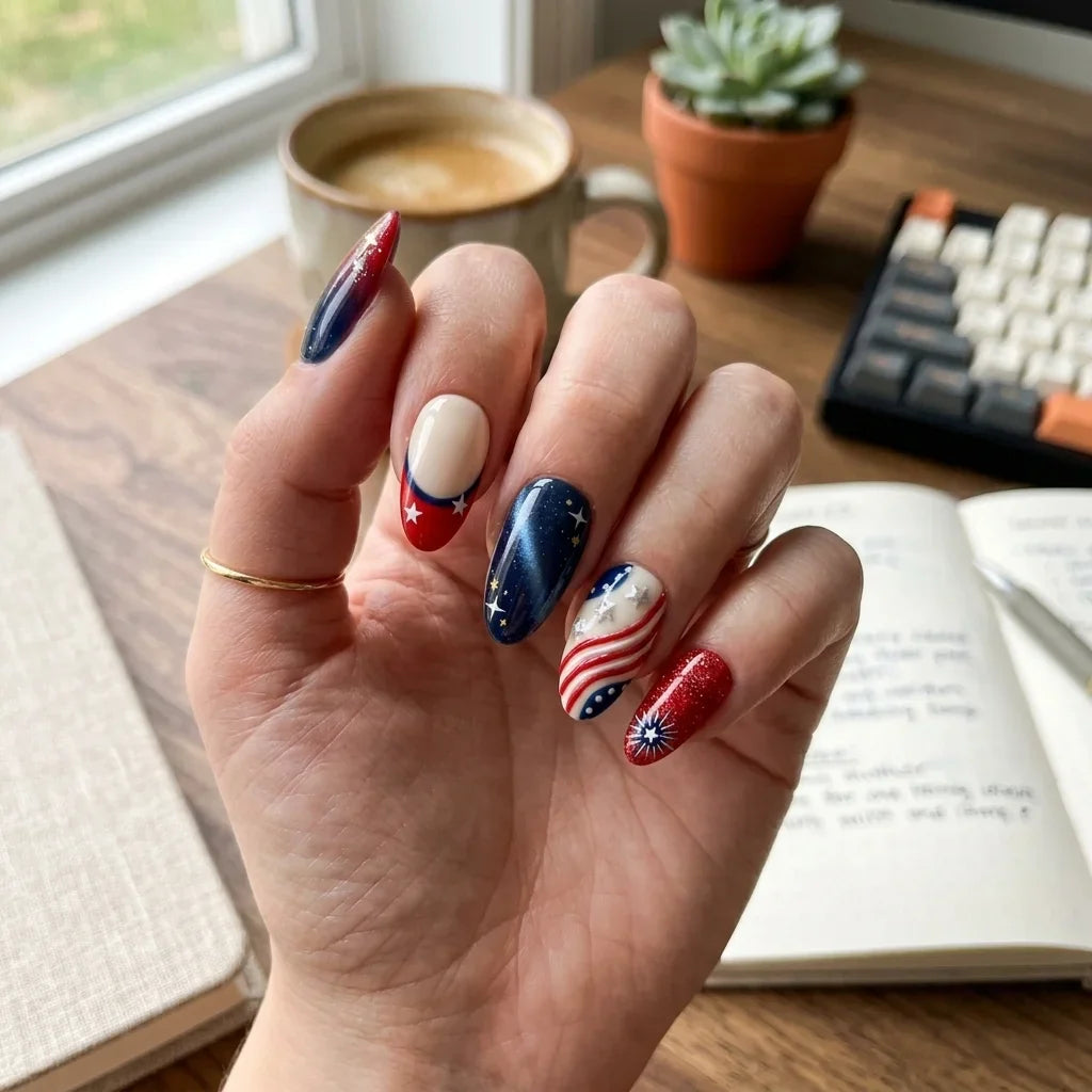 Red white blue cat eye almond press-on nails for America 250 and July 4 2026