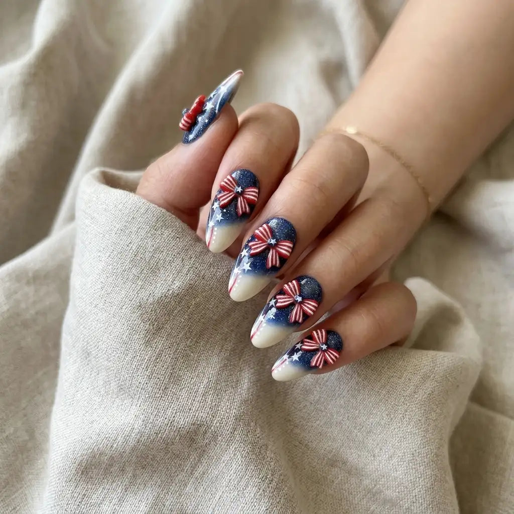 red white blue 3d ombre 4th of july almond press on nails ribbon bow star glitter mockup 01