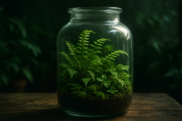 A beautifully arranged closed terrarium showcasing various plants like ferns and moss, enclosed in a clear glass container, mimicking a mini ecosystem