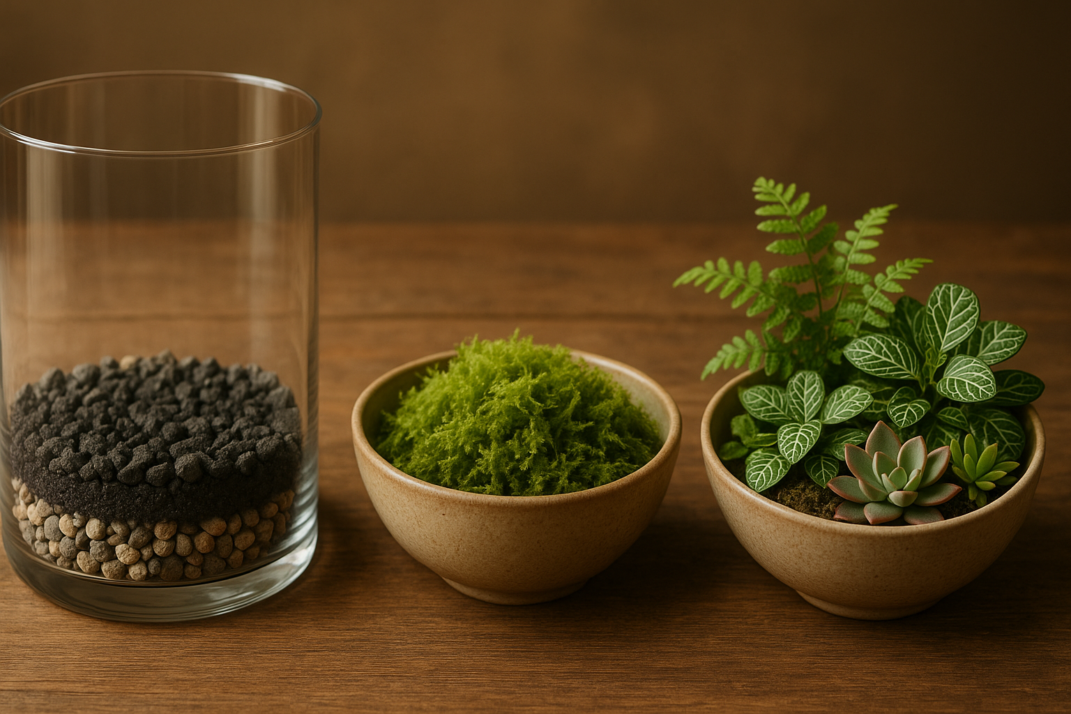 Step-by-step visual guide illustrating the layers of a terrarium build, including gravel, charcoal, and plants layered with vibrant greenery