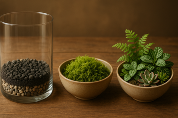 Step-by-step visual guide illustrating the layers of a terrarium build, including gravel, charcoal, and plants layered with vibrant greenery