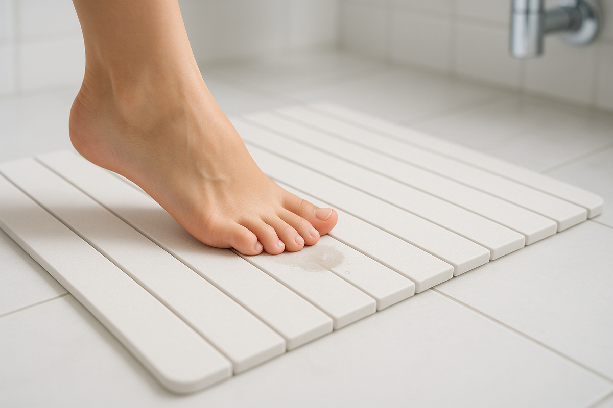 Close-up of a bare foot stepping onto a minimalist stone bath mat, with a visible ripple of water being instantly absorbed into the mat's surface, highlighted by soft light.