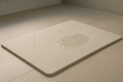 A stylized top-down view of a classic beige stone bath mat, with subtle, ethereal cracks and a faint, almost translucent water spill that appears to make it unexpectedly slippery. The visual emphasizes potential hazards