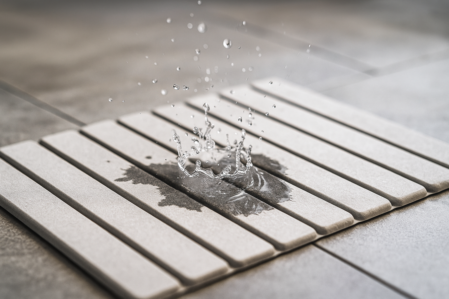 Close-up shot of water drops instantly disappearing into the surface of a sleek, modern diatomaceous earth stone bath mat, highlighting its rapid absorption