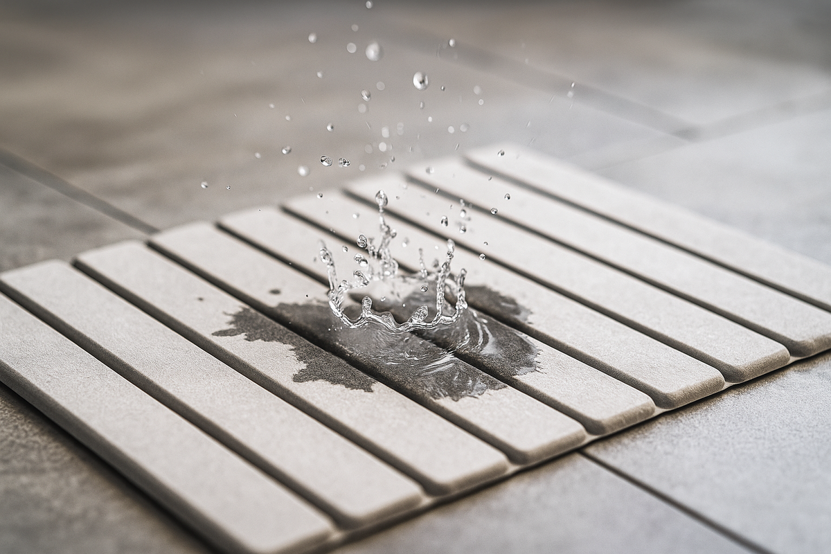 Close-up shot of water drops instantly disappearing into the surface of a sleek, modern diatomaceous earth stone bath mat, highlighting its rapid absorption.