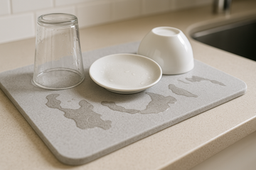 Close-up of a sleek, minimalist stone drying mat on a kitchen counter, with water rapidly wicking into its surface from freshly washed dishes, emphasizing hygiene and efficiency