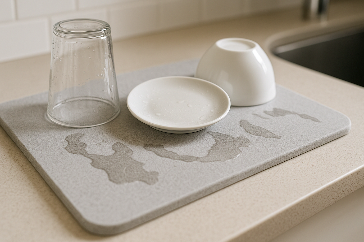 Close-up of a sleek, minimalist stone drying mat on a modern kitchen counter, with water rapidly wicking into its surface from freshly washed dishes, emphasizing hygiene and efficiency.