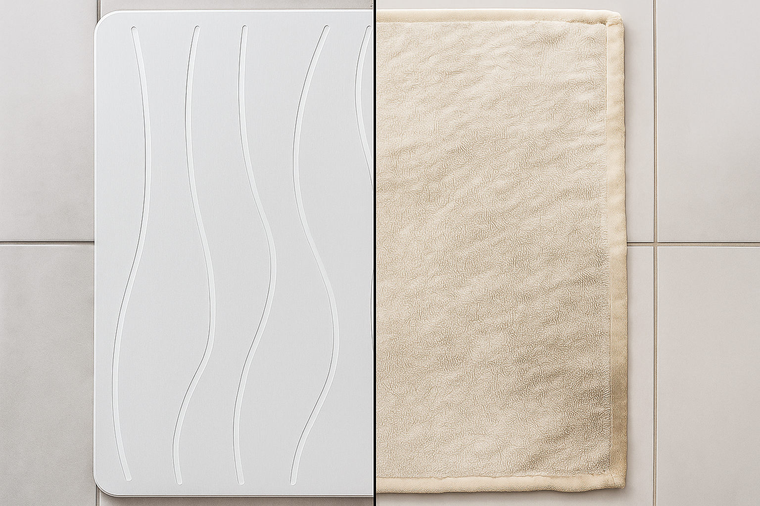 Split image comparing a clean, dry, minimalist stone bath mat on one side with a still damp, slightly discolored fabric bath mat on the other, highlighting differences in hygiene and absorbency.