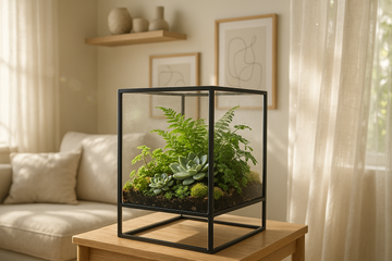 Chic indoor space featuring a modern terrarium stand showcasing various plants, blending with minimalist furniture and decor
