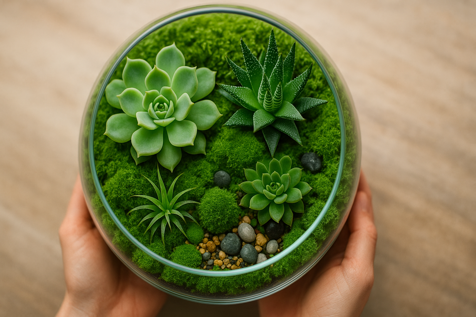 A beautifully arranged open terrarium showcasing various succulents, air plants, and decorative elements within a clear glass container, illustrating an ideal setup