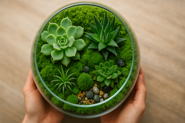 A beautifully arranged open terrarium showcasing various succulents, air plants, and decorative elements within a clear glass container, illustrating an ideal setup