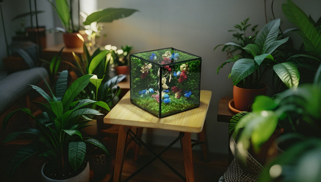 A beautifully styled indoor terrarium showcasing a mix of lush ferns, vibrant succulents, and decorative pebbles, demonstrating beginner-friendly plant pairings
