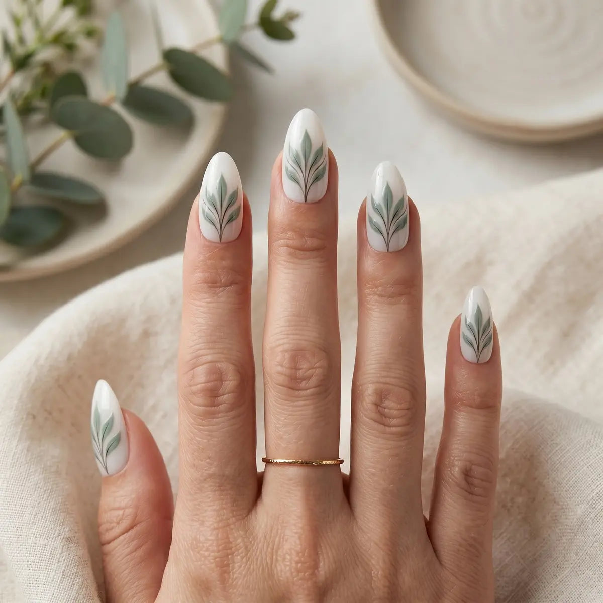 White Sage Green Hand Painted Almond Press On Nails Leaf