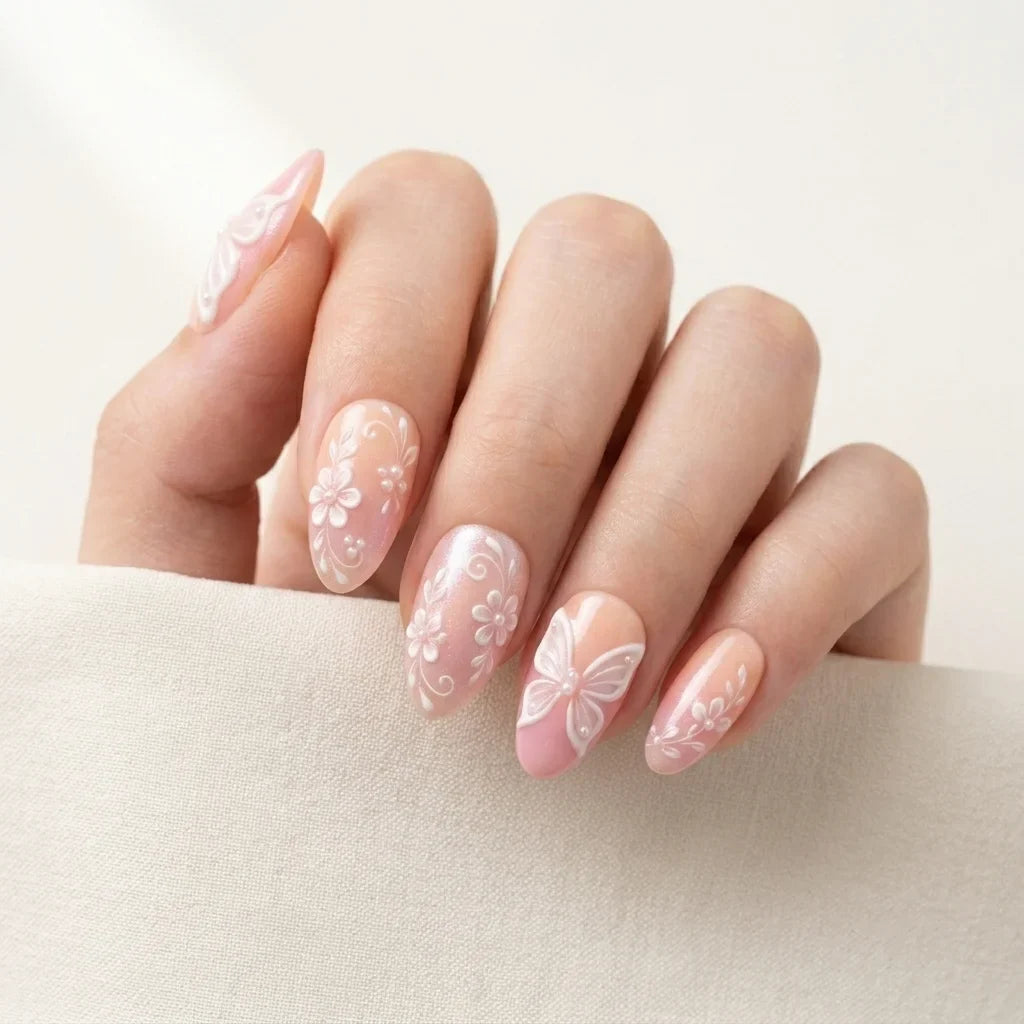 Blush Pink White 3d Chrome Almond Press On Nails Butterfly Flower Pearl for Butterfly Press-On Nails