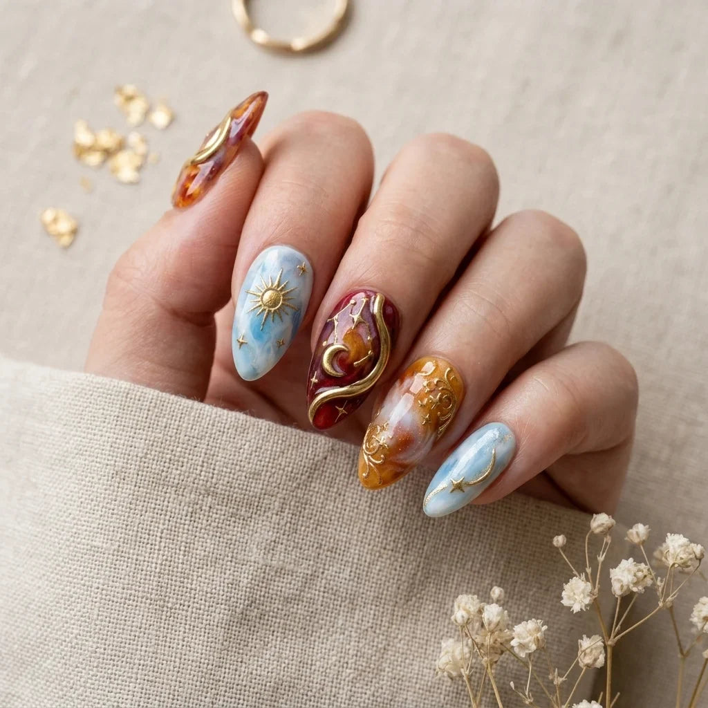 Hand-painted celestial press-on nails with galaxy, sun, moon, snake, and constellation details