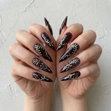 Midnight plum 3D stiletto long press-on nails with silver drip detail
