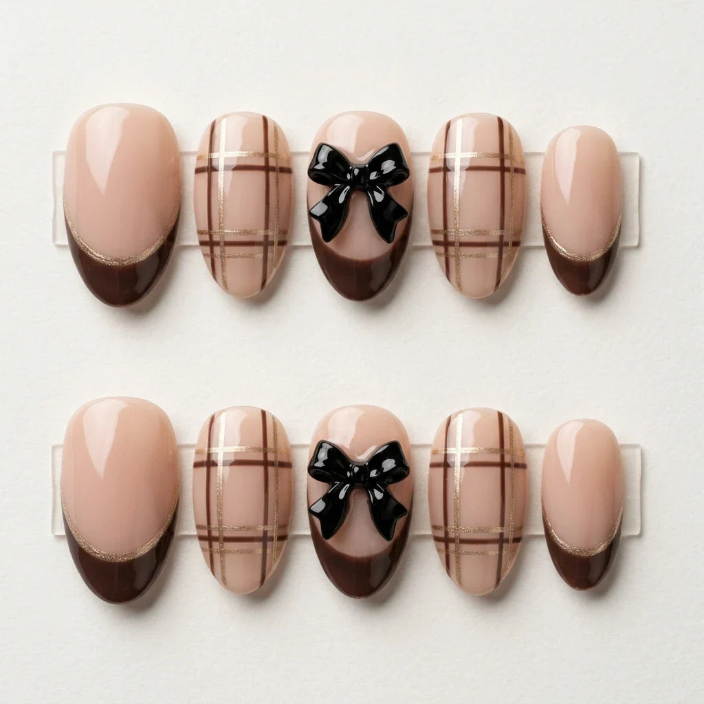 Nude brown black 3D French tip almond press-on nails with checkered ribbon bow detail
