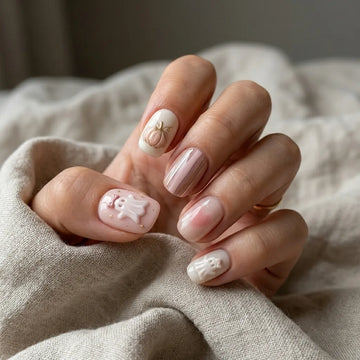 Nude pink white 3D Halloween short square press-on nails with ghost pumpkin detail
