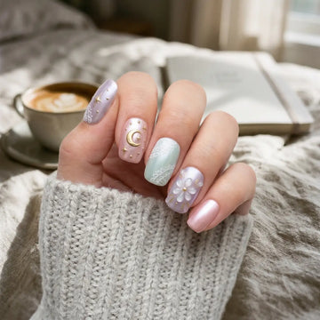 Pastel dream 3D square press-on nails with flower and moon detail