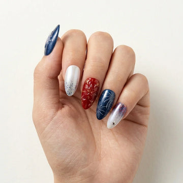Red Navy White 3D Glitter 4th of July Almond Press On Nails Star Firework for Red Glitter Press-On Nails