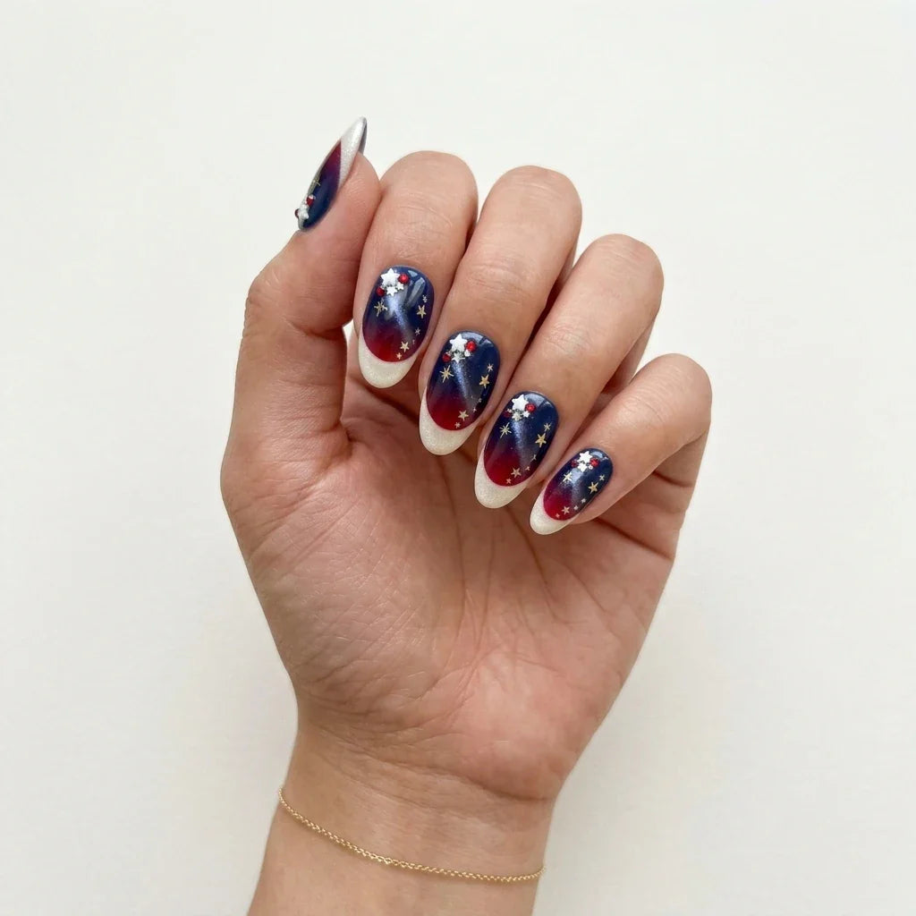Red White Blue Ombre French Tip 4th Of July Almond Press On Nails Star Rhinestone for Blue French Tip Press-On Nails