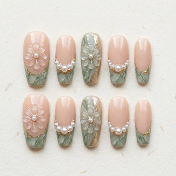 Sage green 3D coffin long press-on nails with clear flower and pearl detail