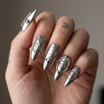 Silver Chrome 3d Long Stiletto Press On Nails Skull Cross Star for Long Stiletto Press-On Nails