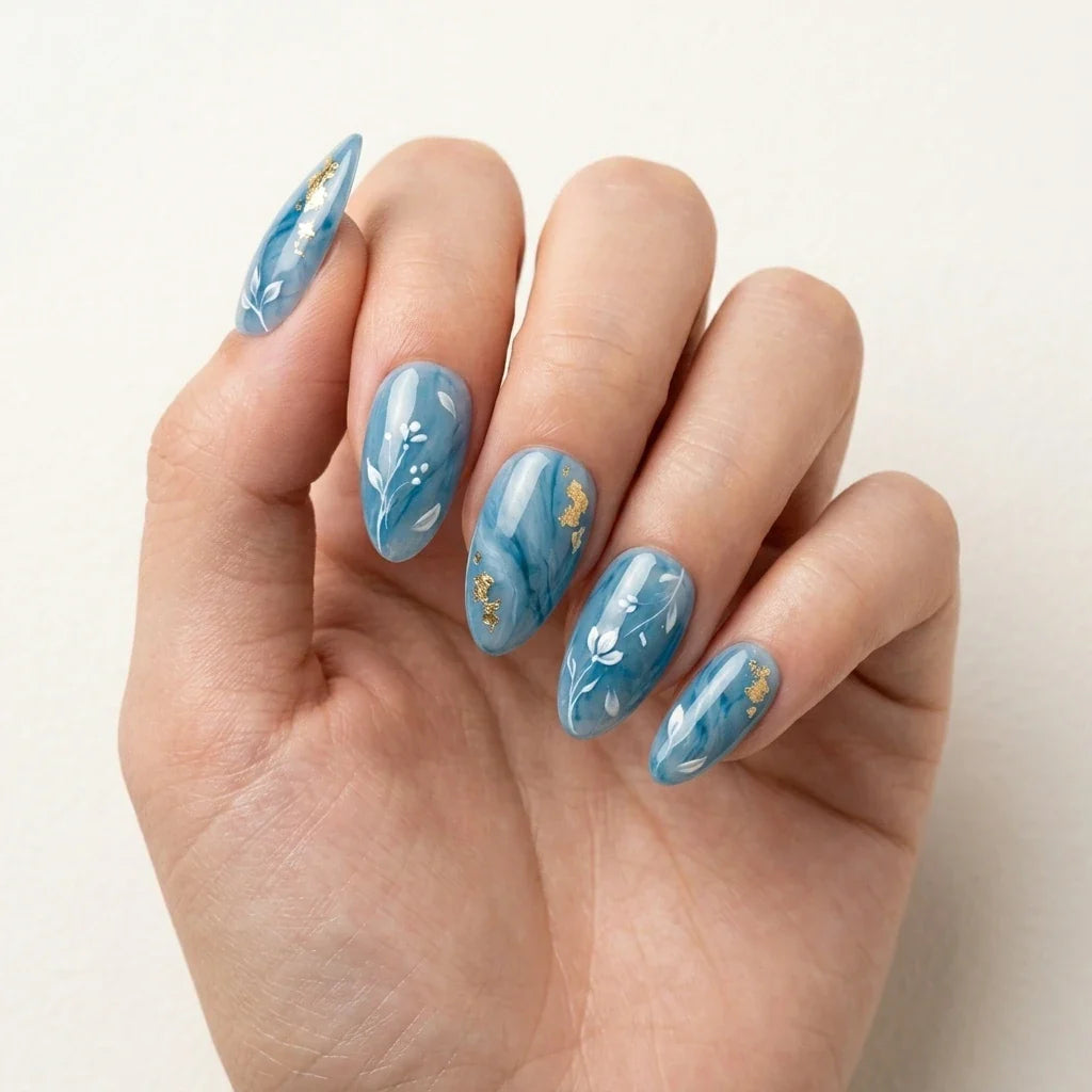 Steel blue white hand-painted marble almond press-on nails with vine leaf and gold foil detail