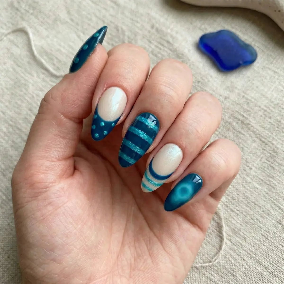 Teal Marble Aura Almond Press On Nails Dots Stripes for Aura Press-On Nails