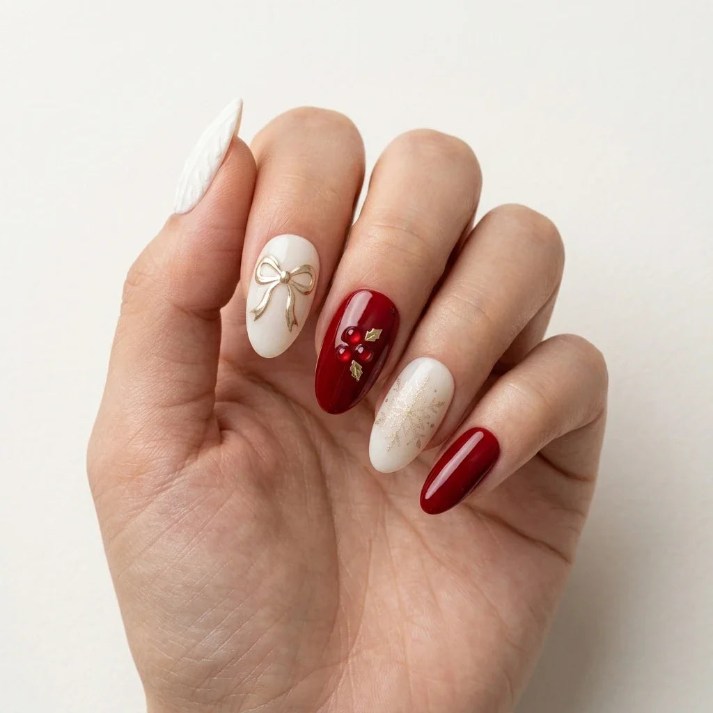 White red 3D Christmas almond press-on nails with sweater ribbon bow and snowflake detail