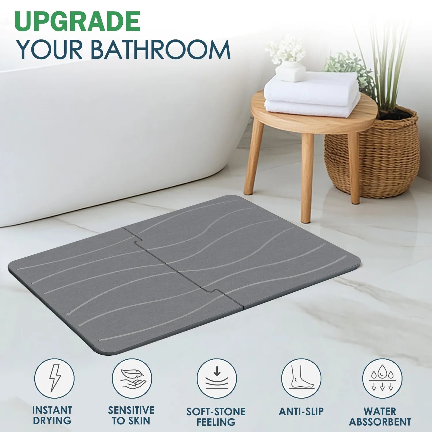 Instant Dry Stone Bath Mat - Soaks Water Fast, Anti-Mold
