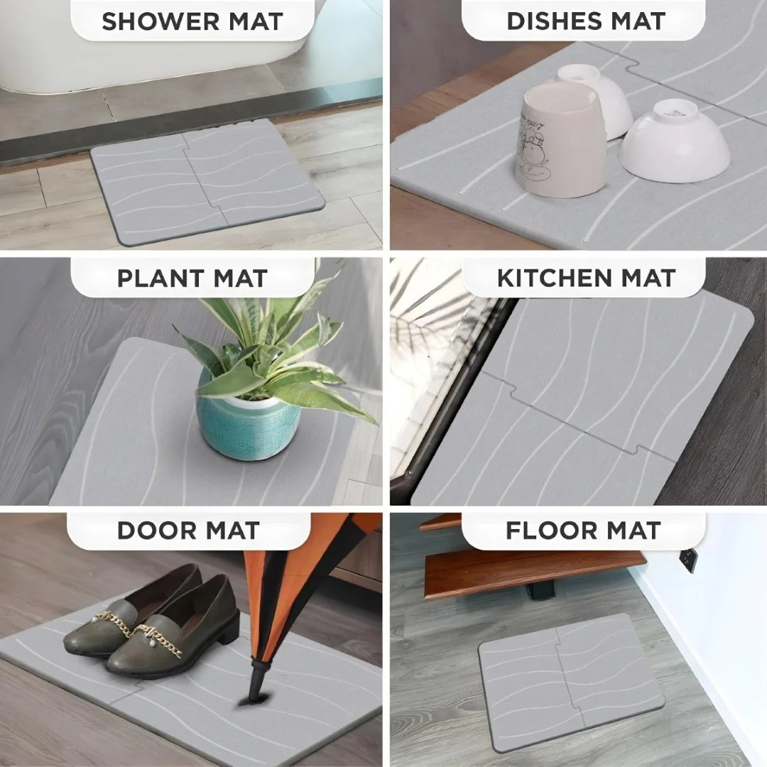 Various types of mats including shower, dishes, plant, kitchen, door, and floor mats on different surfaces.