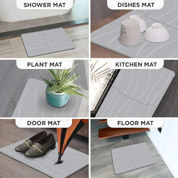 Various types of mats including shower, dishes, plant, kitchen, door, and floor mats on different surfaces.