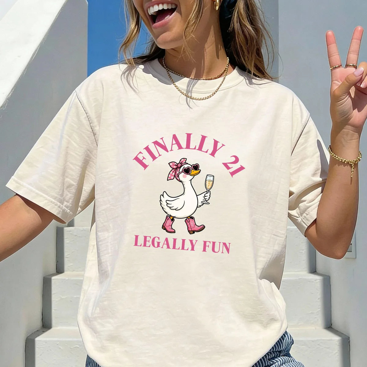 Finally 21 Goose Birthday graphic Comfort Colors T-shirt in White, main product photograph.