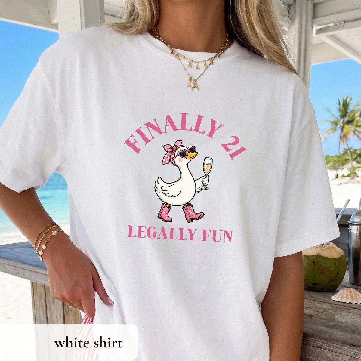 Comfort Colors T-shirt with Finally 21 Goose Birthday animal-themed design; model photo.