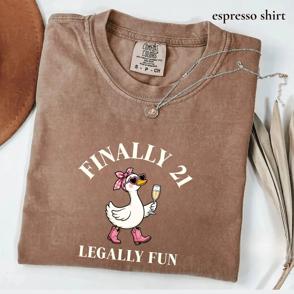 Comfort Colors T-shirt with Finally 21 Goose Birthday animal-themed design; model photo.