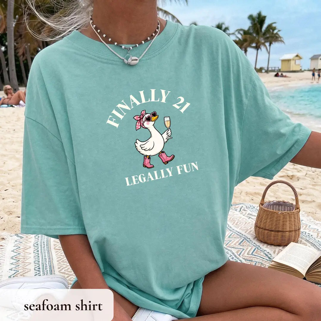 Comfort Colors T-shirt with Finally 21 Goose Birthday animal-themed design; model photo.