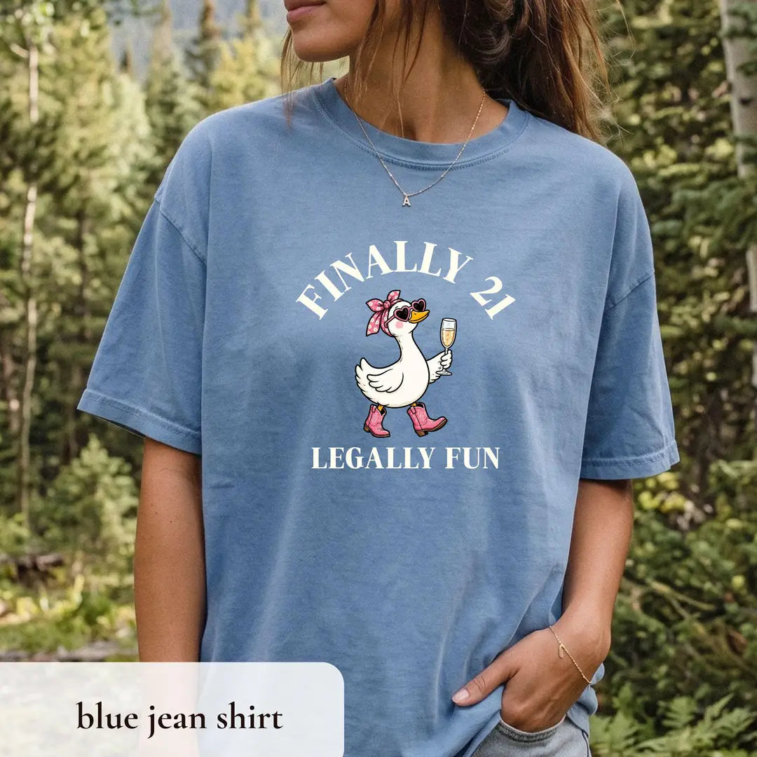 Comfort Colors T-shirt with Finally 21 Goose Birthday animal-themed design; model photo.