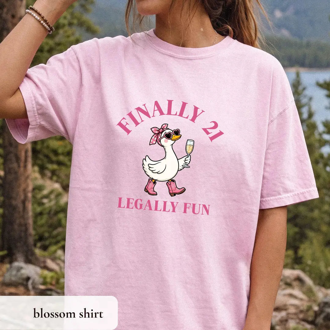 Comfort Colors T-shirt with Finally 21 Goose Birthday animal-themed design; model photo.