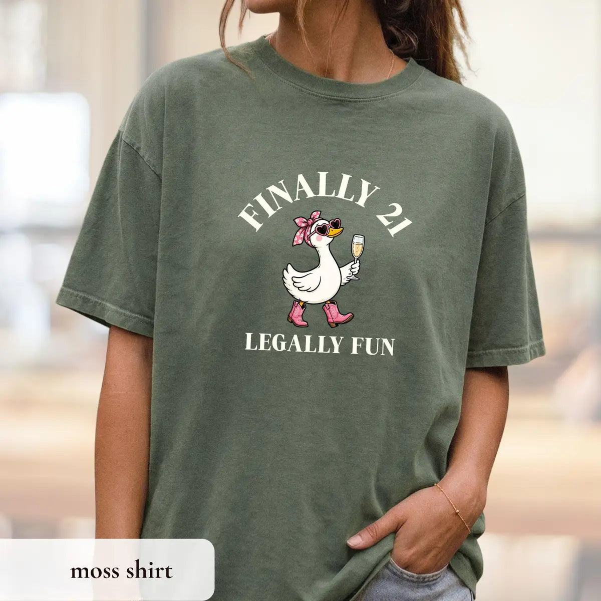 Comfort Colors T-shirt with Finally 21 Goose Birthday animal-themed design; model photo.