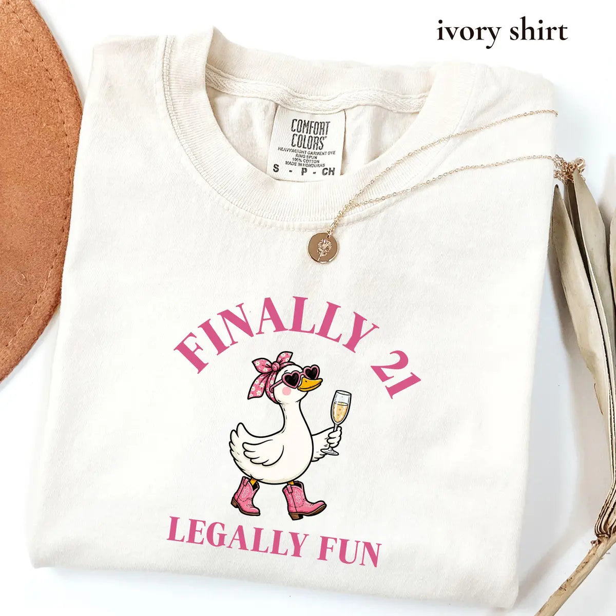 Comfort Colors T-shirt with Finally 21 Goose Birthday animal-themed design; model photo.