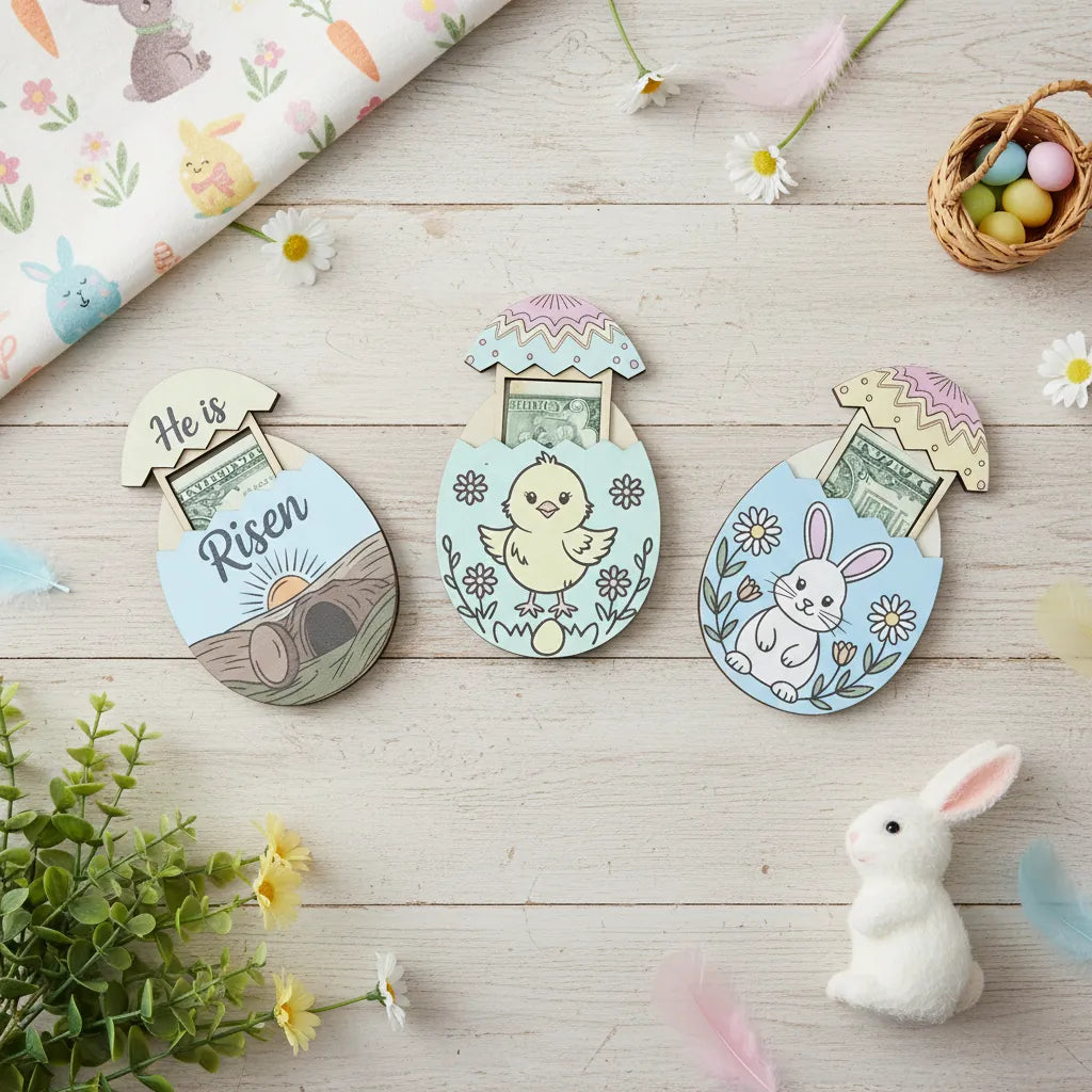 Decorative money holder shaped like Easter eggs with cartoon designs on a wooden surface.