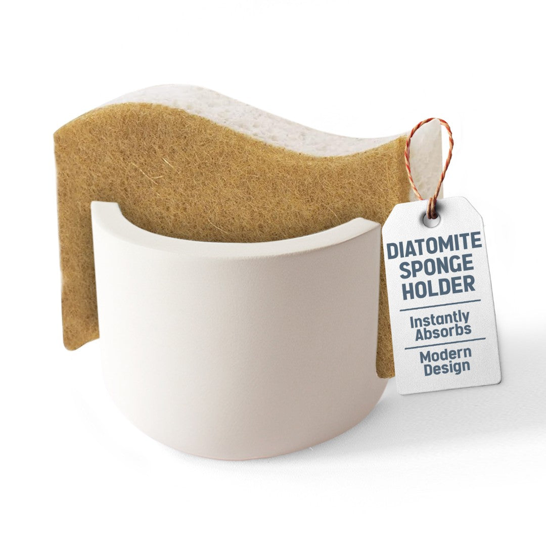 Diatomite sponge holder with a sponge and a tag on a white background