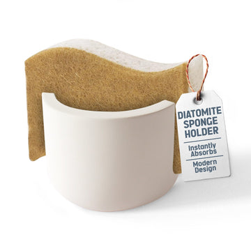 Diatomite sponge holder with a sponge and a tag on a white background