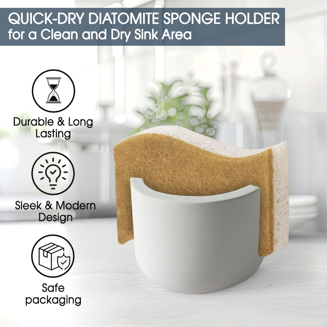Quick-dry diatomite sponge holder with features listed on a blurred kitchen background