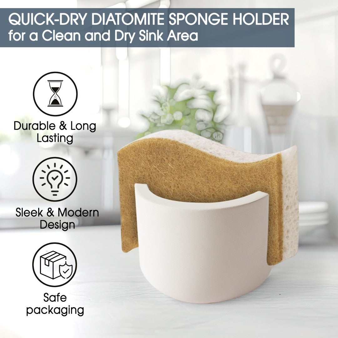 Quick-dry diatomite sponge holder with features listed on a blurred kitchen background