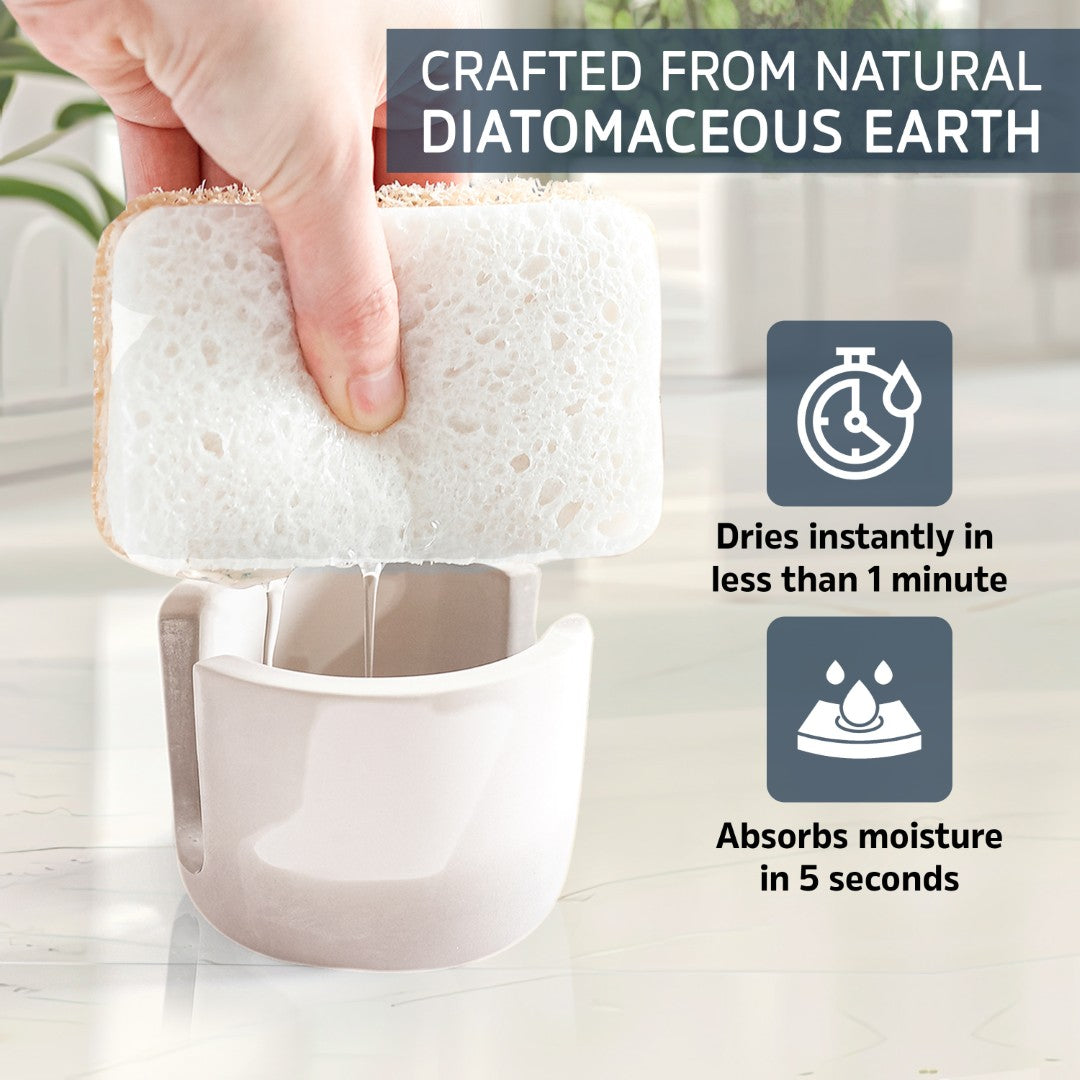 Sponge Holder being absorbed, labeled as 'Crafted from natural diatomaceous earth'.