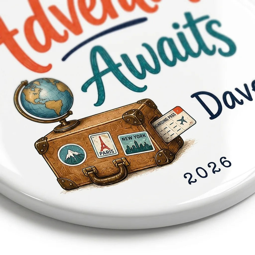 Adventure Awaits Personalized Travel Retirement Christmas Ornament detail