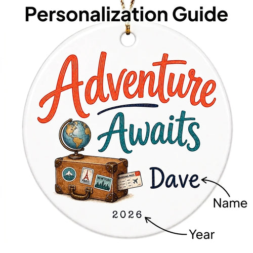 Adventure Awaits Personalized Travel Retirement Christmas Ornament guide